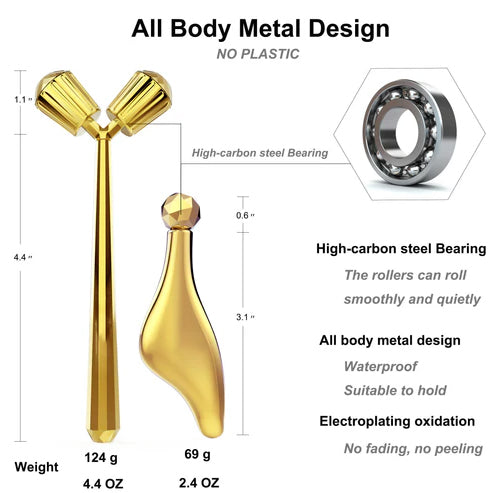 Face Massager Roller, 3D Roller Facial Massager and Gua Sha Massage Roller Tool Set for Women, Facial Skin Care Tools (Gold)