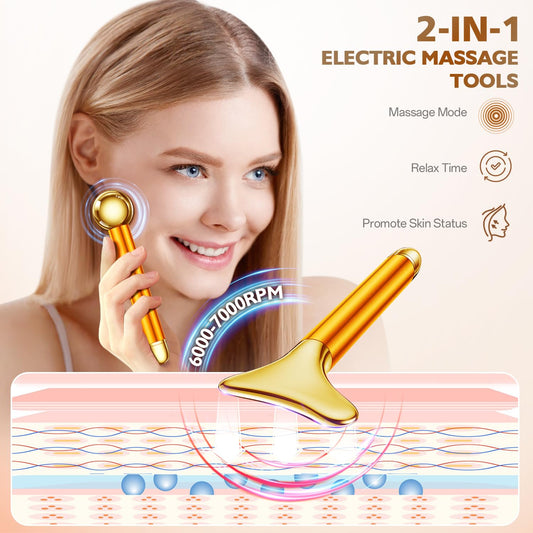 2-in-1 Gua Sha and Ice Roller Facial Tools, Electric Face Massager Device for Eye, Jaw, Scalp, Neck, Gold