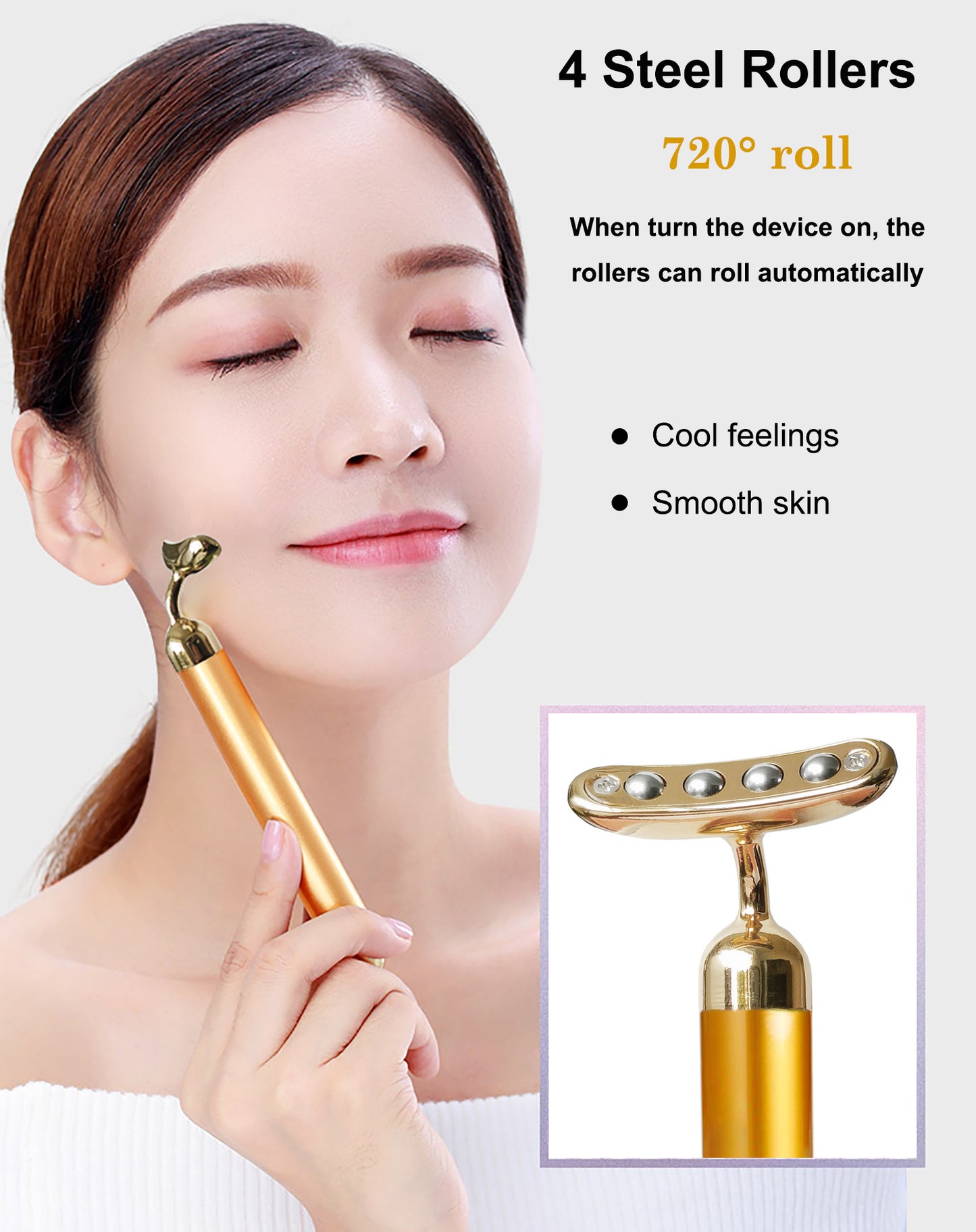 Electric Face Massage Roller, Golden 3D Roller Electric Facial Roller and T Shape Facial Roller Massager Kit, Electric Massage Roller for Puffiness Relief (Gold)