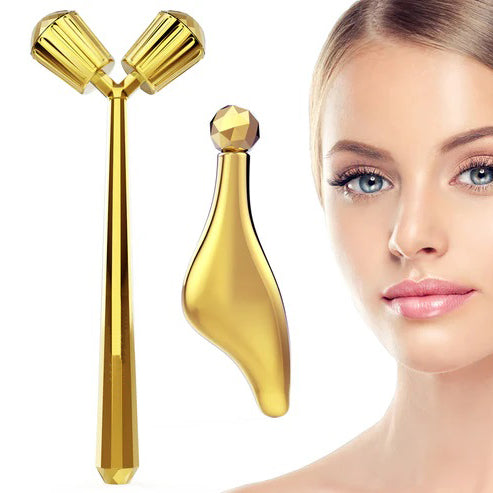 Face Massager Roller, 3D Roller Facial Massager and Gua Sha Massage Roller Tool Set for Women, Facial Skin Care Tools (Gold)