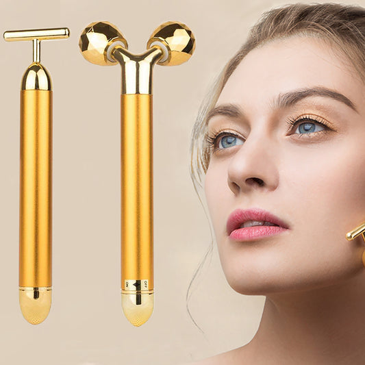 Yeamon 2 in 1 Face Massager Golden Facial Electric 3D Roller and T Shape Arm Eye Nose Massager Skin Care Tools