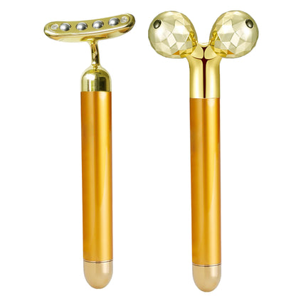 Electric Face Massage Roller, Golden 3D Roller Electric Facial Roller and T Shape Facial Roller Massager Kit, Electric Massage Roller for Puffiness Relief (Gold)