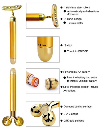 Electric Face Massage Roller, Golden 3D Roller Electric Facial Roller and T Shape Facial Roller Massager Kit, Electric Massage Roller for Puffiness Relief (Gold)