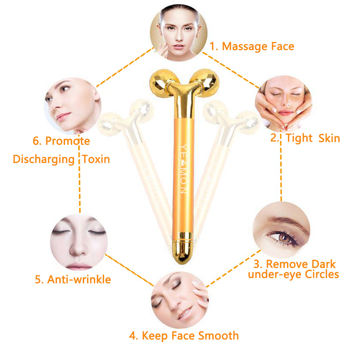 Yeamon 2 in 1 Face Massager Golden Facial Electric 3D Roller and T Shape Arm Eye Nose Massager Skin Care Tools